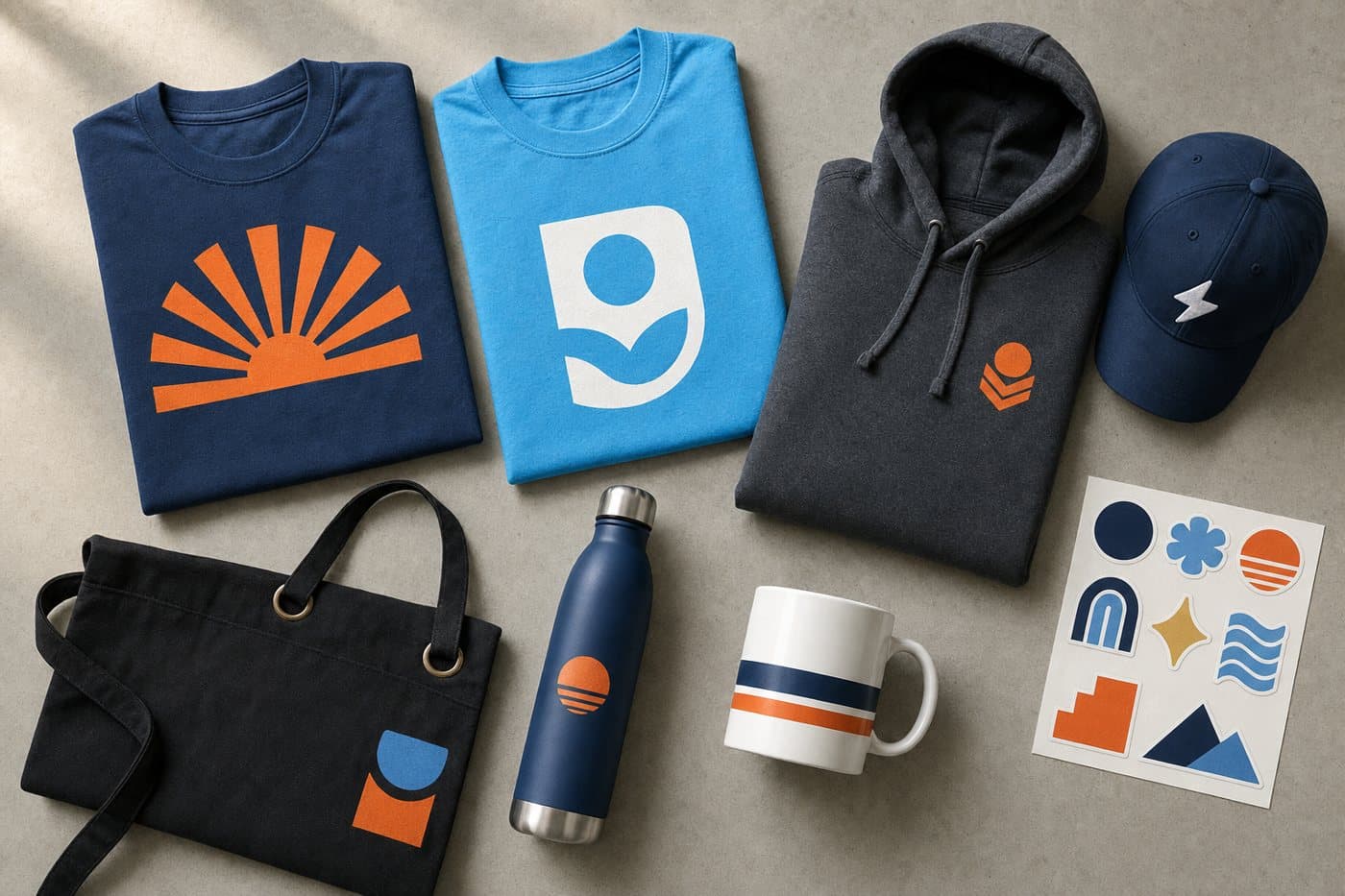 A spread of custom tees, a hoodie, a cap, a water bottle, a mug, an apron, and stickers on a workbench
