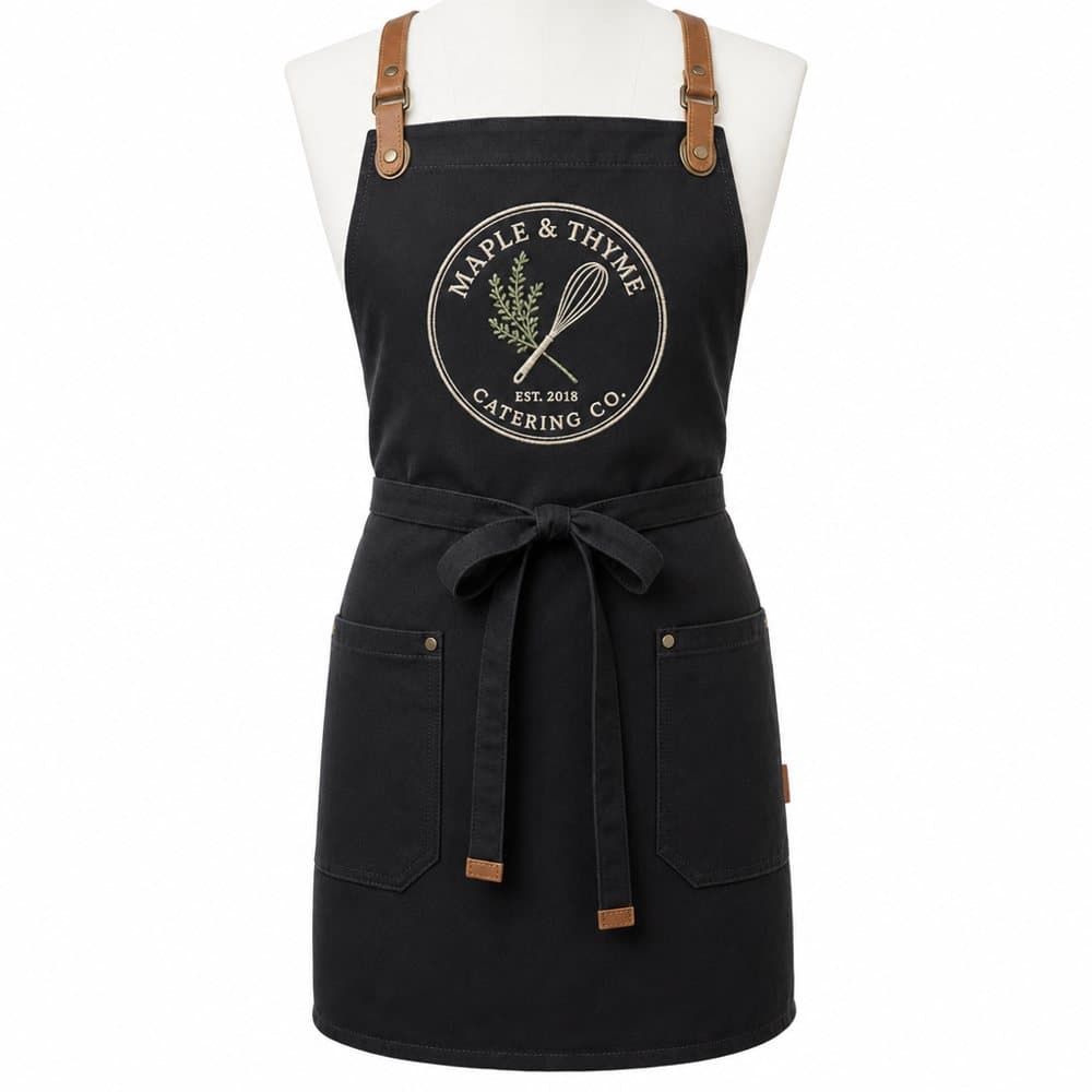 Black denim apron with a Maple & Thyme Catering Co. emblem on the chest