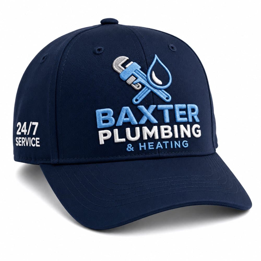 Navy structured cap with Baxter Plumbing & Heating embroidered on the front and 24/7 Service on the side