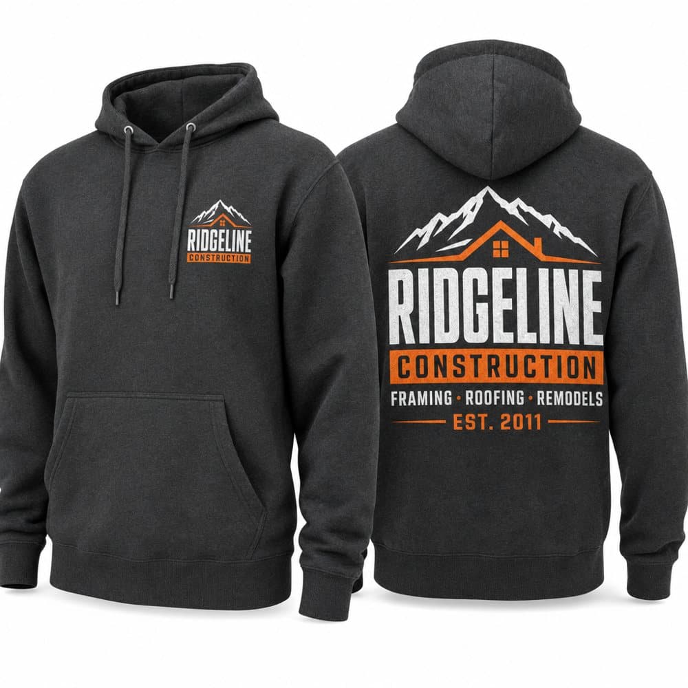 Charcoal hoodies for Ridgeline Construction with a small chest mark and a large back print