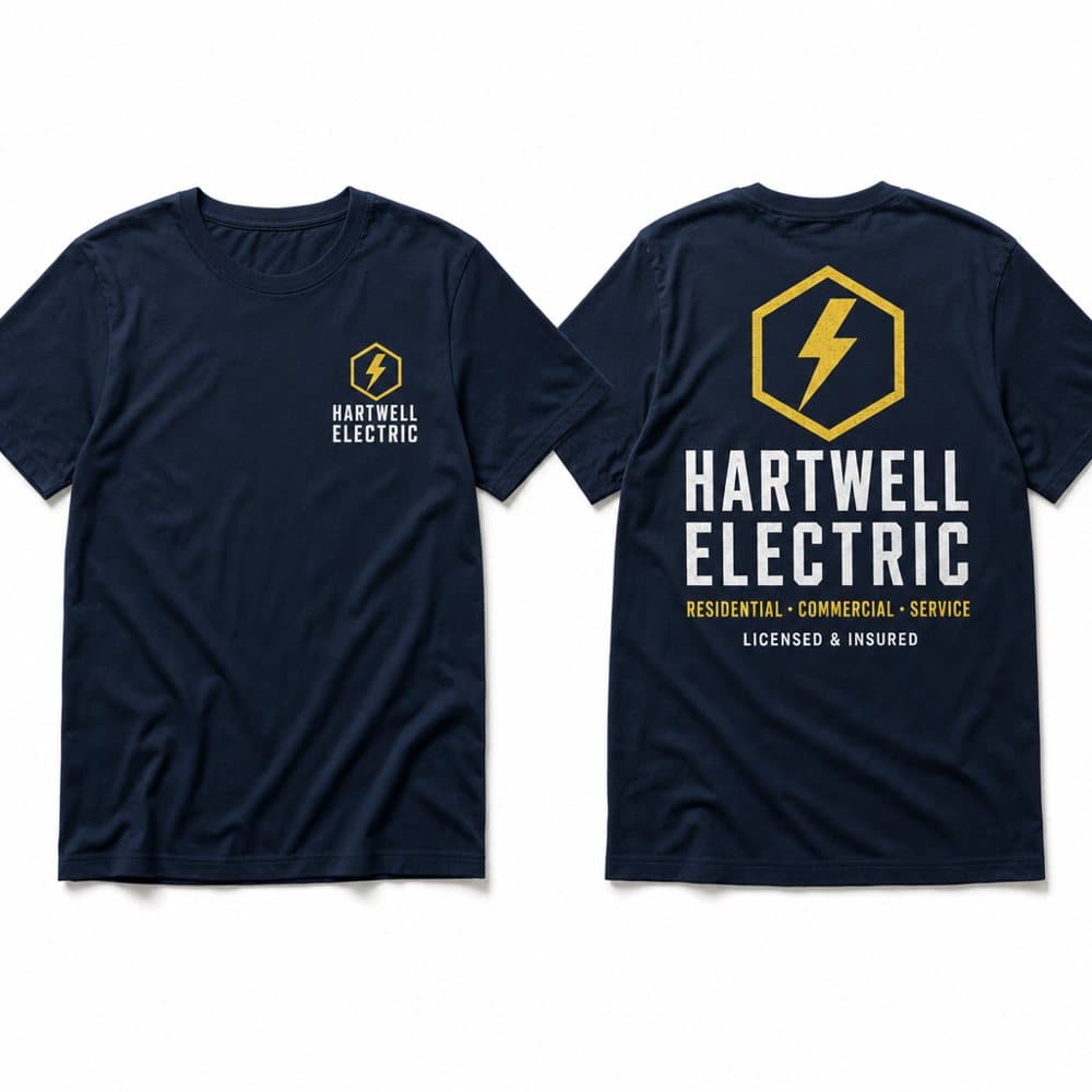 Navy tees for Hartwell Electric with a small chest logo on the front and a large two-color print on the back