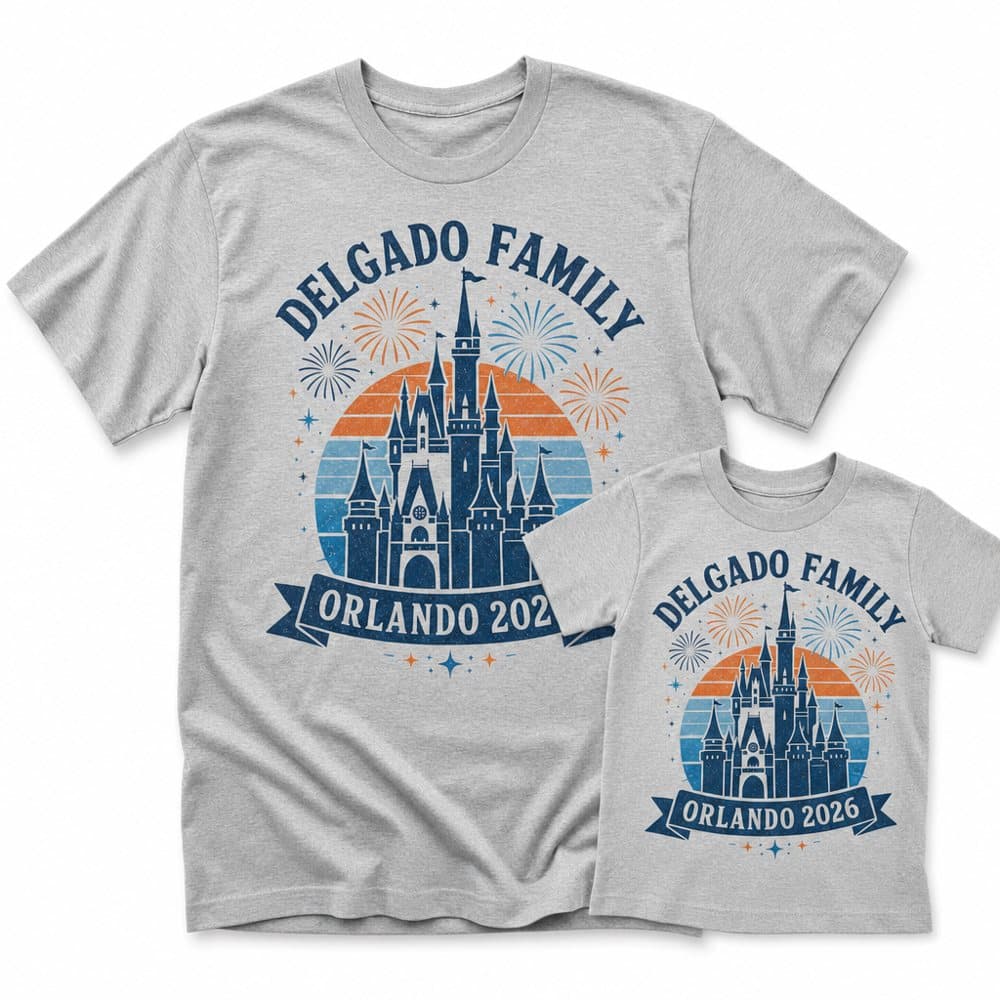 Matching adult and kids heather gray tees with a Delgado Family Orlando 2026 castle badge design